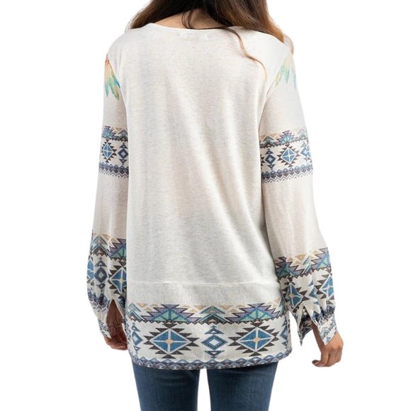 MONTANA WEST Delila Boho Embroidered Aztec Graphic Long Sleeve Blouse Small NWT - Picture 3 of 12